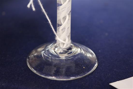 A double series opaque twist stemmed cordial glass, c.1770, with funnel bowl, 5.5in.